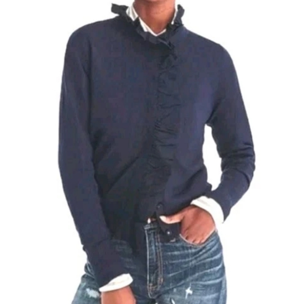 J Crew Merino Wool Ruffled Mockneck Cardigan Fitted Sweater Slim Large Navy Nwt - Picture 3 of 16